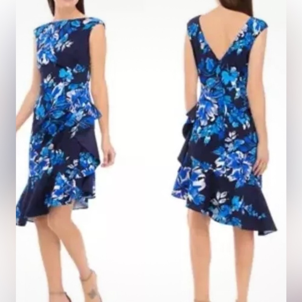 Eliza J Navy Blue Floral Asymmetrical Ruffle Dress